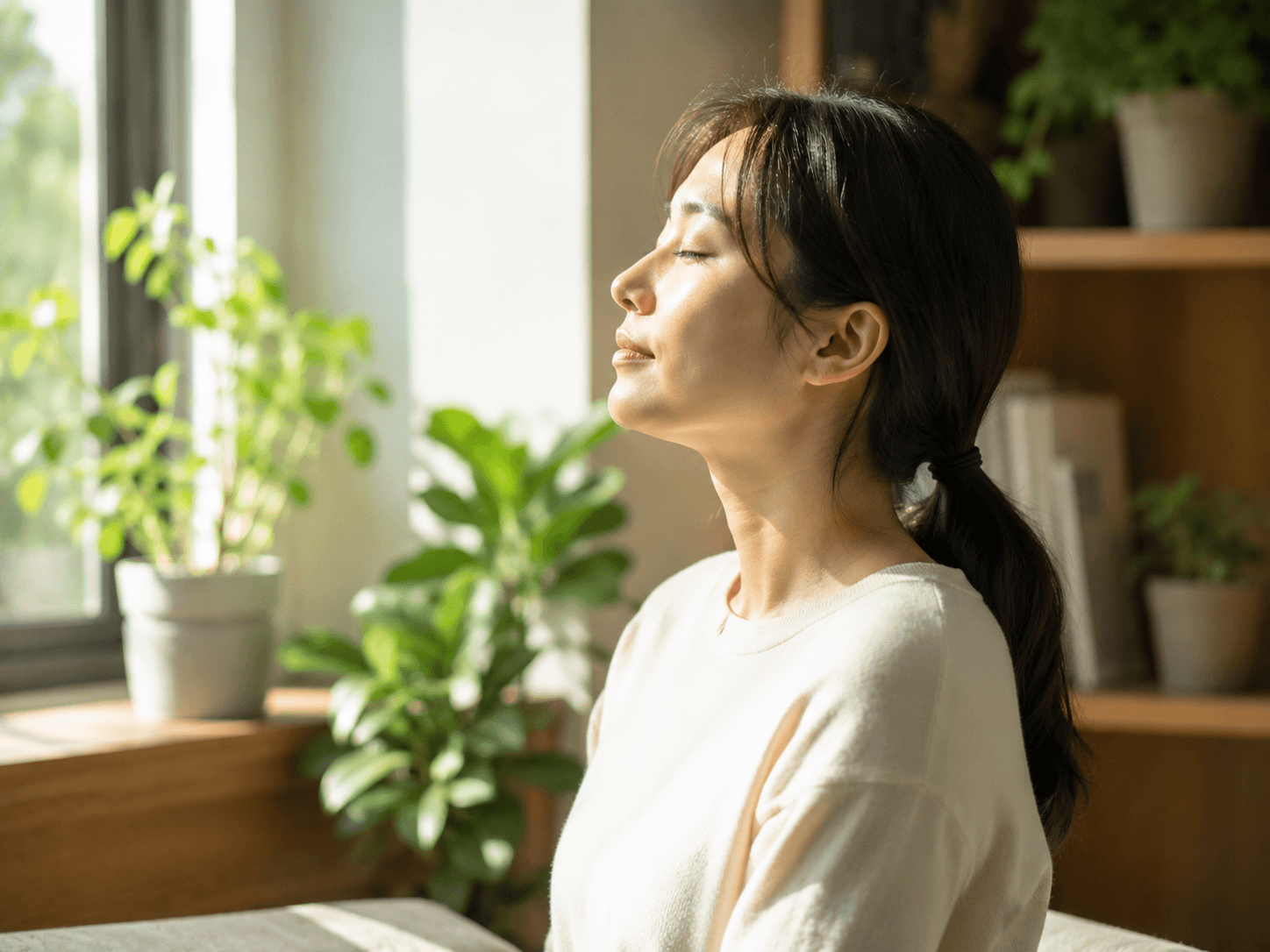 따뜻한 햇살 아래에서 눈을 감고 깊은 숨을 쉬며 스트레스성 가슴 답답함 증상을 완화하는 편안한 옆모습