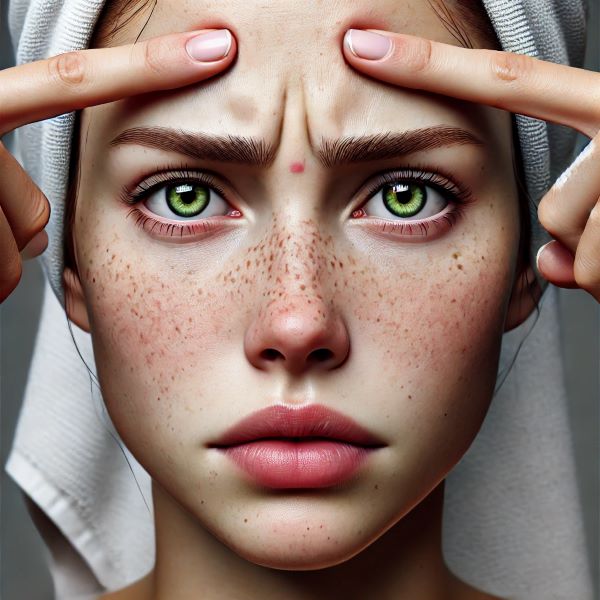 이마에 생긴 좁쌀여드름을 양손가락으로 짜려고 하는 짜증난 표정의 여성