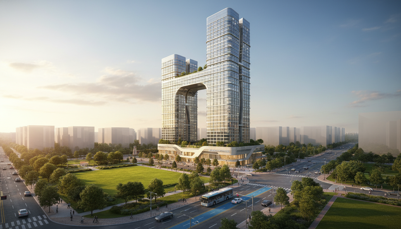 고덕 국제신도시 중심에 우뚝 솟은 힐스테이트 고덕 센트럴 주상복합 단지의 웅장한 전경. 현대적인 디자인과 주변의 잘 정돈된 도시 환경, 그리고 BRT 정류장이 조화롭게 어우러진 모습.