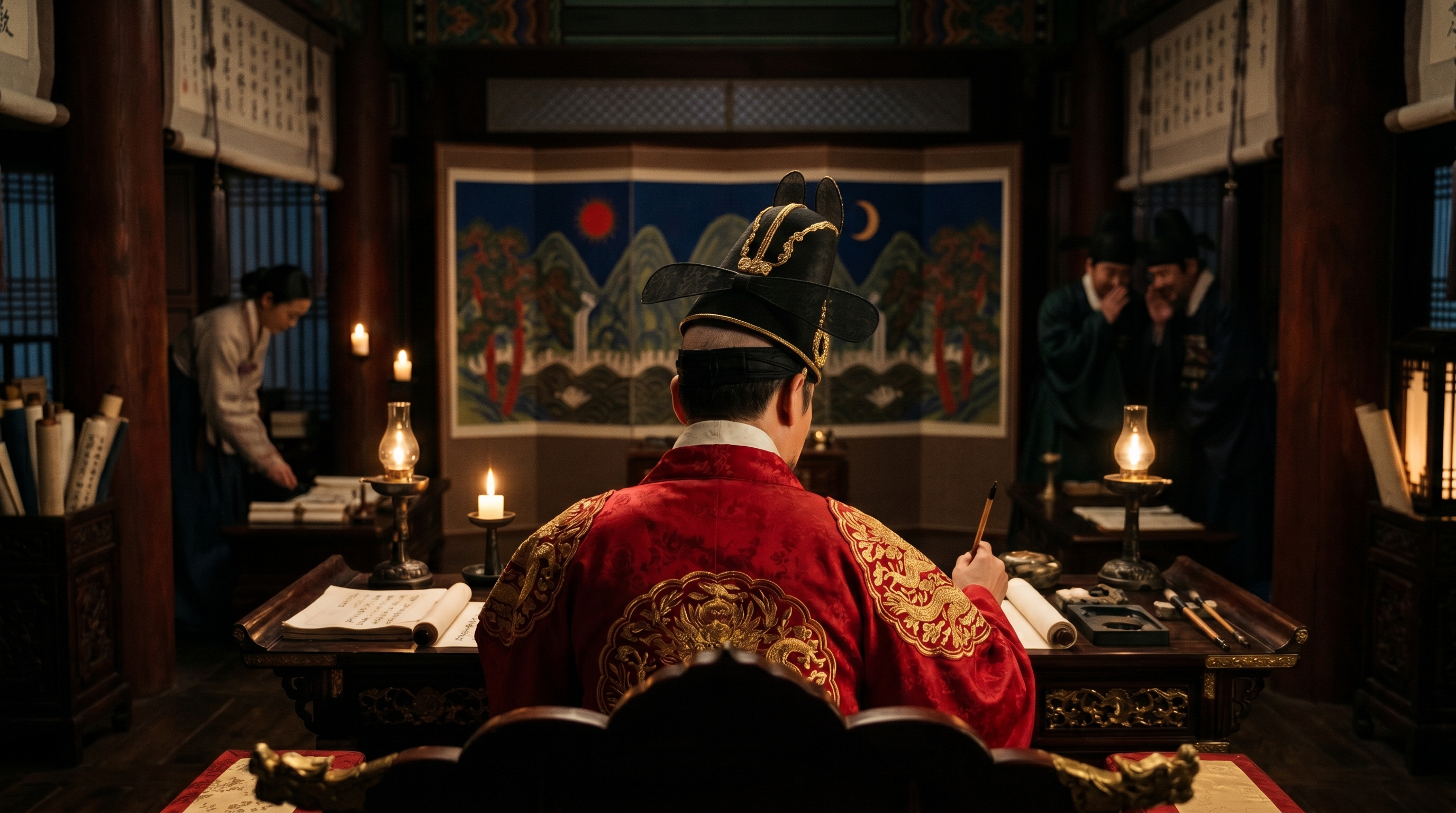 사후 명종이 중종의 몽타주를 만들기 위해 모은 기억 기록 중 가장 소소하고 인간적인 부분, '뒷통수가 납작해서 갓이 잘 맞지 않았다'는 대목을 해학적으로 시각화