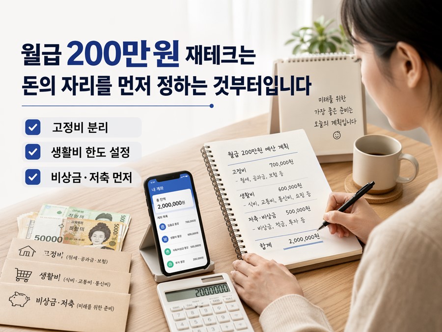 월급 200만원 기준으로 고정비를 분리하고 생활비 한도를 정하며 비상금과 저축을 먼저 배치하는 재테크 구조를 설명하는 이미지입니다.