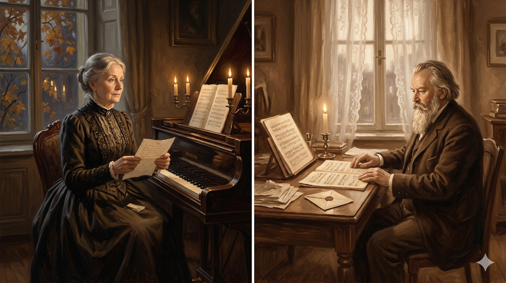 브람스가 클라라 슈만에게 악보를 보내는 장면과 피아노 앞의 클라라 - AI 생성 이미지"