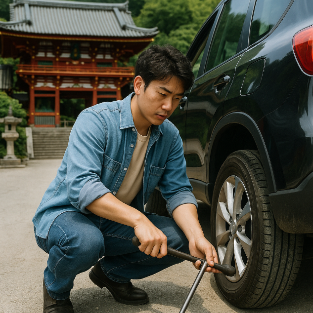 일본청년이 자가정비 하는 사진