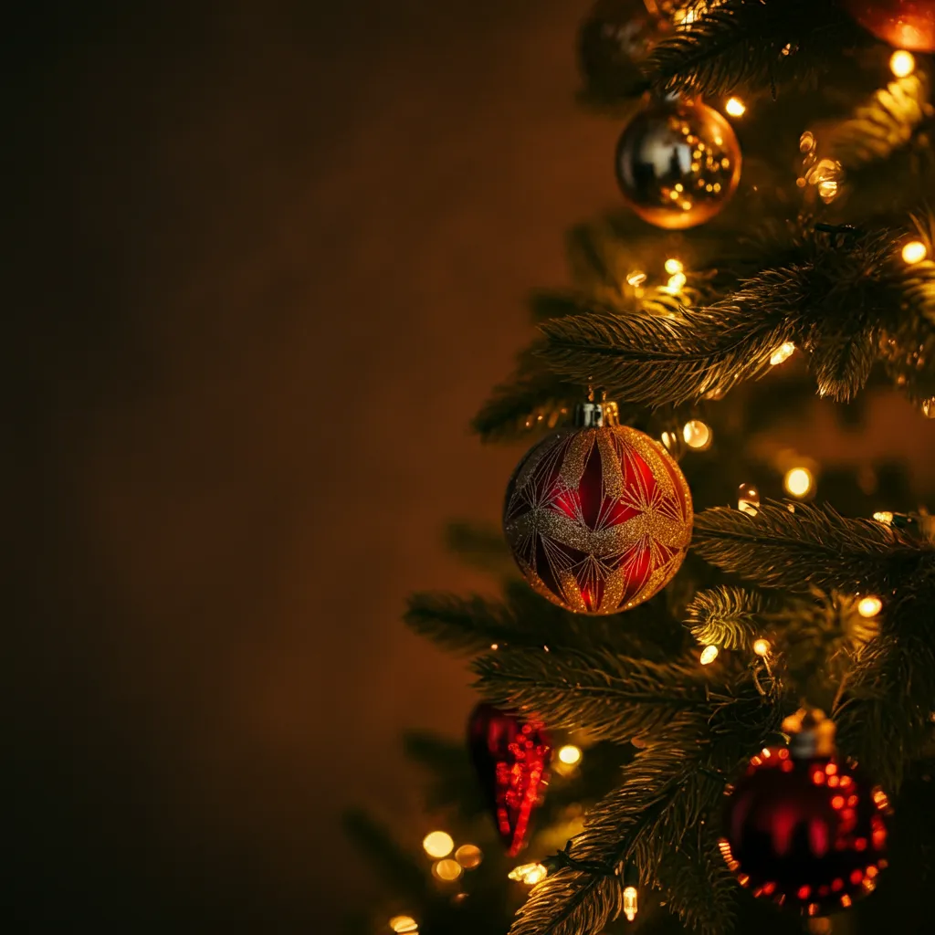 붉은색과 금색 크리스마스 장식이 조명을 받으며 반짝이는 클로즈업 장면