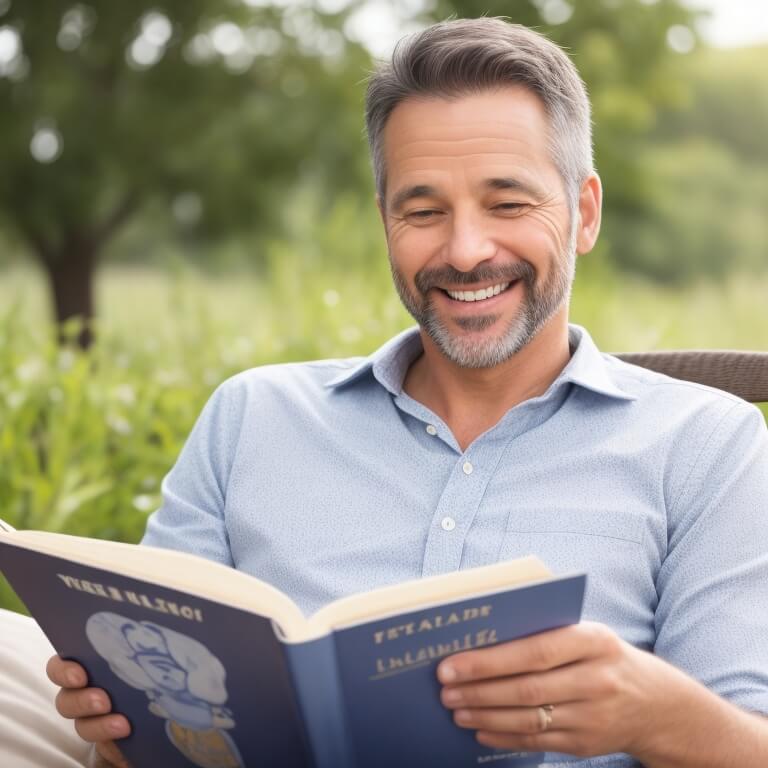 공원에서 독서를 하며 웃고 있는 40대 남성