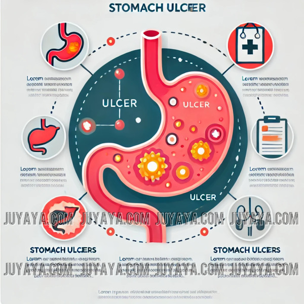 위궤양을 설명하기 위해 인간의 위를 시각화한 의료 인포그래픽. 위 손상의 위치가 강조된 간결하고 현대적인 디자인.