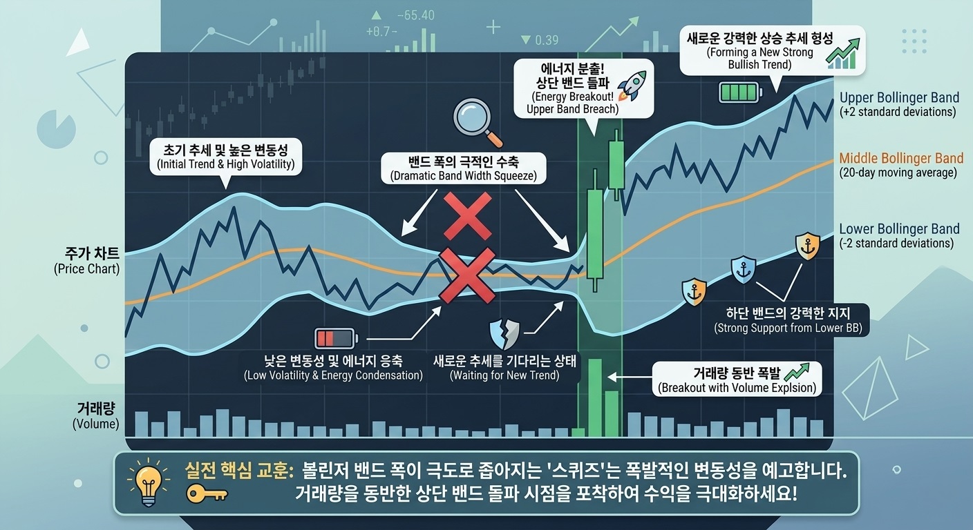 볼린저 밴드 스퀴즈(수축) 및 에너지 분출 예시