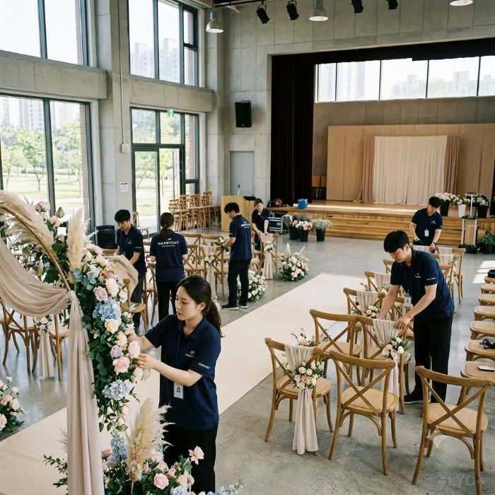 공공예식장에 의자와 꽃장식을 설치하는 현장