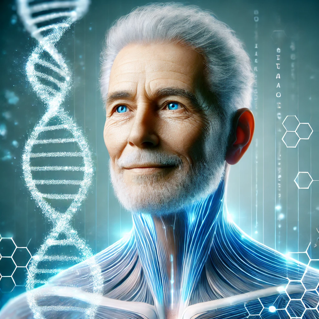 미래적인 느낌의 건강하고 활기찬 노인의 모습을 담은 이미지 (healthy old person futuristic vibrant)