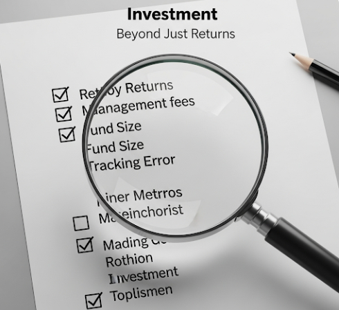돋보기와 체크리스트가 함께 있는 이미지. 수익률 외에 운용 수수료, 운용 규모, 추적 오차 등을 꼼꼼히 확인하는 과정을 상징