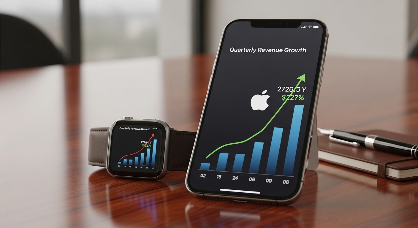 Elegant table with iPhone 17 prototype and Apple Watch, rising revenue chart.