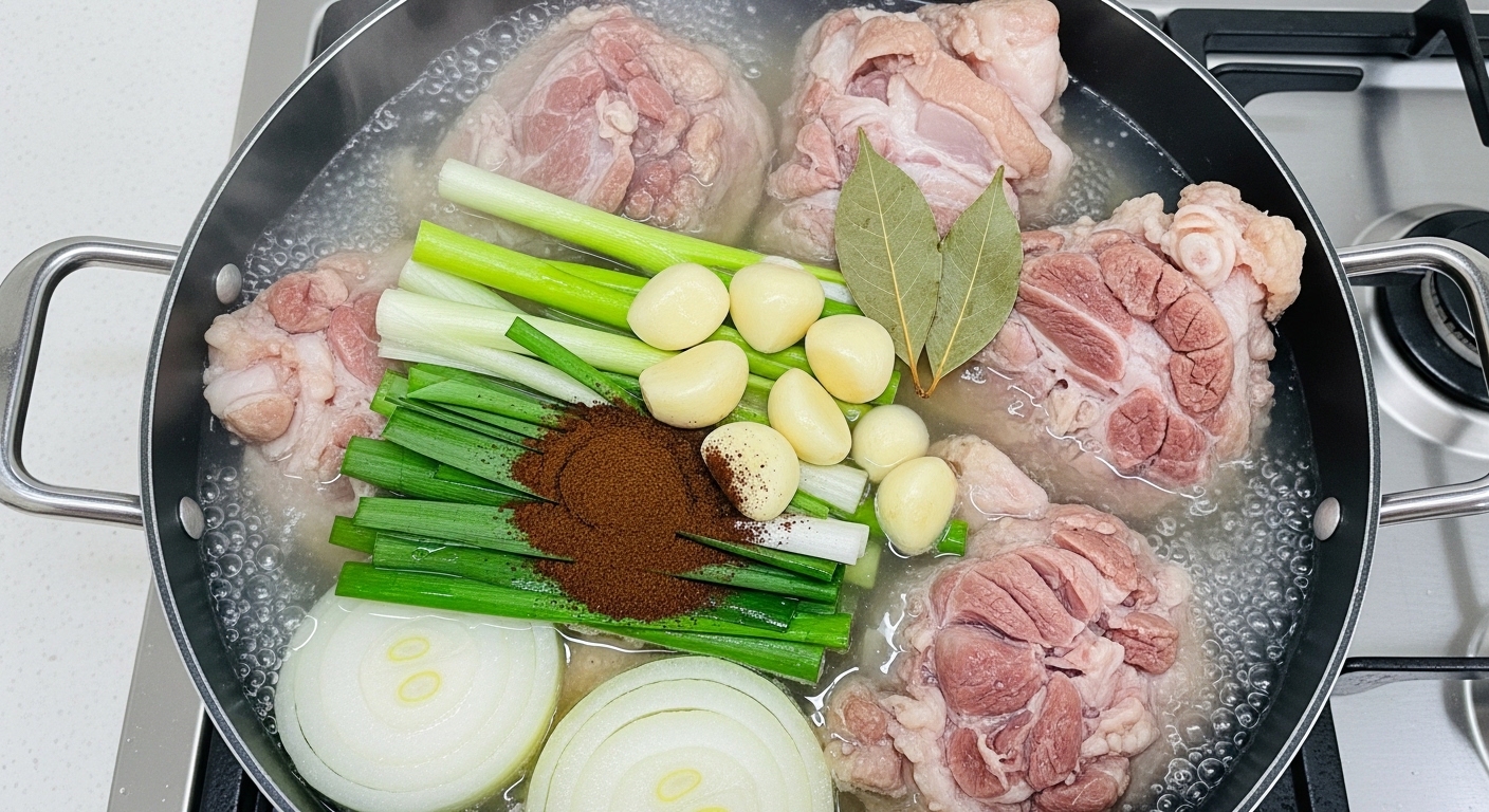 대파, 마늘, 양파, 된장, 커피 가루 등 각종 재료를 넣고 돼지고기 앞다릿살/뒷다릿살을 삶는 냄비