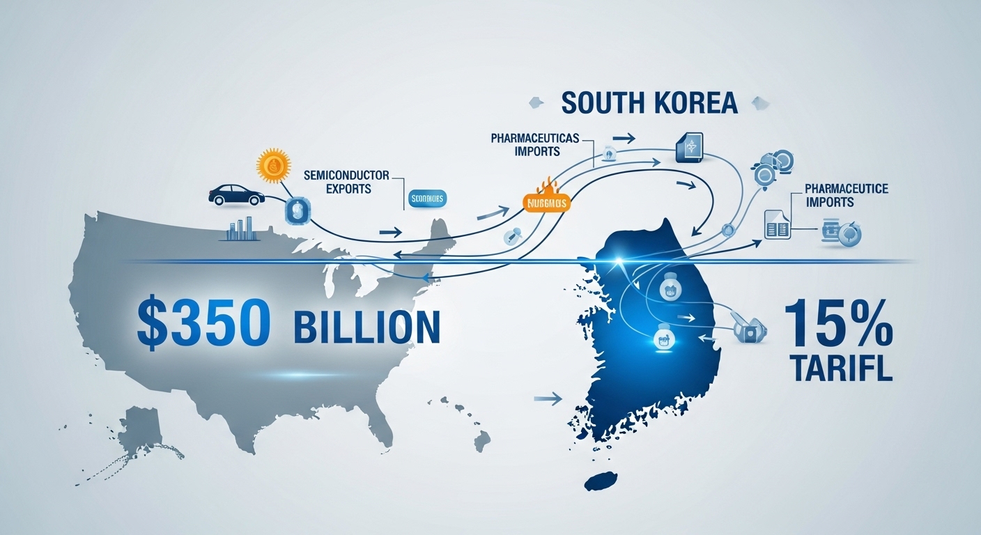 한미 간 15% 상호관세 체계와 3,500억 달러 규모의 투자 흐름을 시각적으로 나타낸 인포그래픽.
