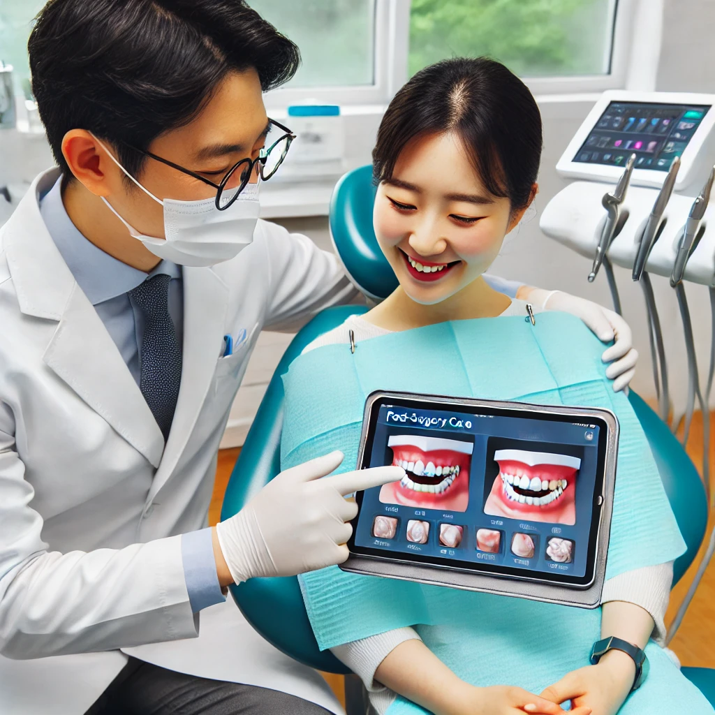 한국인 치과 의사가 임플란트 시술 후 관리 방법을 환자에게 설명하는 모습, 태블릿을 활용해 올바른 청소 및 유지 관리법을 안내하는 친절한 상담