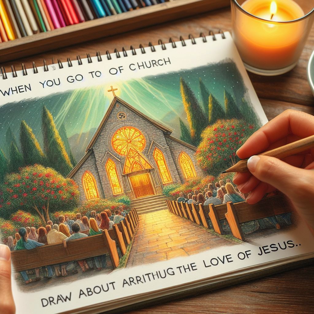하나님의 성전인 교회로 갈 때&#44; 예수님의 사랑을 생각하며 살아가는 삶을 나타내는 그림