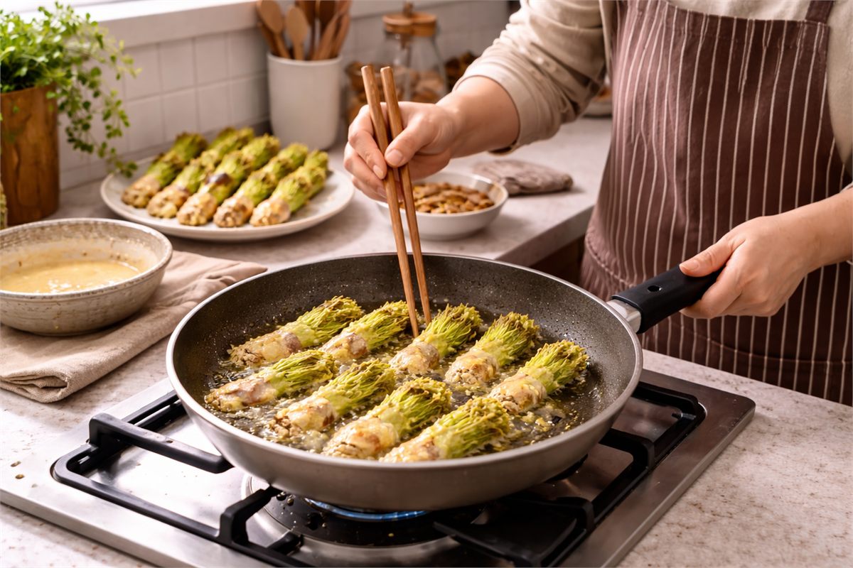 팬에서 두릅전을 굽는 한국 가정의 요리 장면 