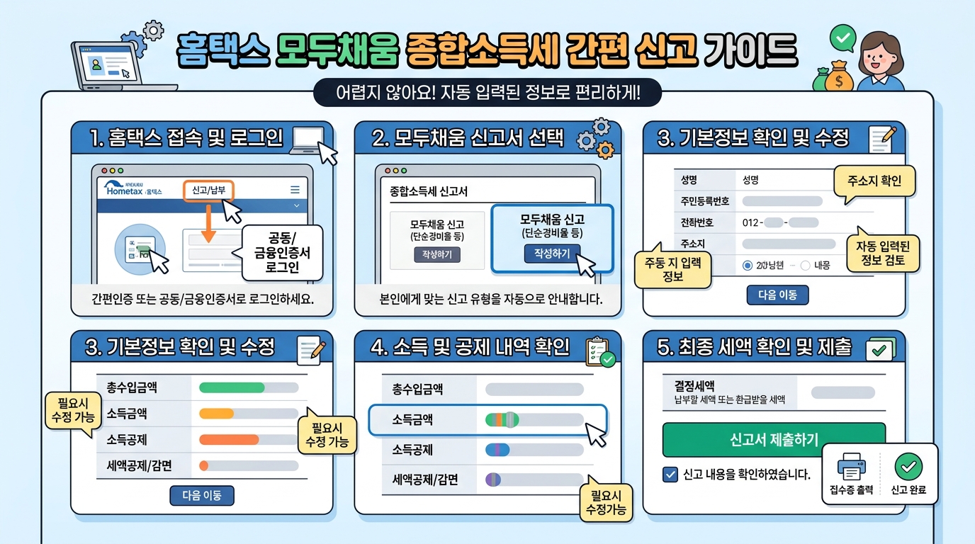 홈택스 모두채움 서비스를 활용해 간편하게 종합소득세 신고를 진행하는 화면 가이드