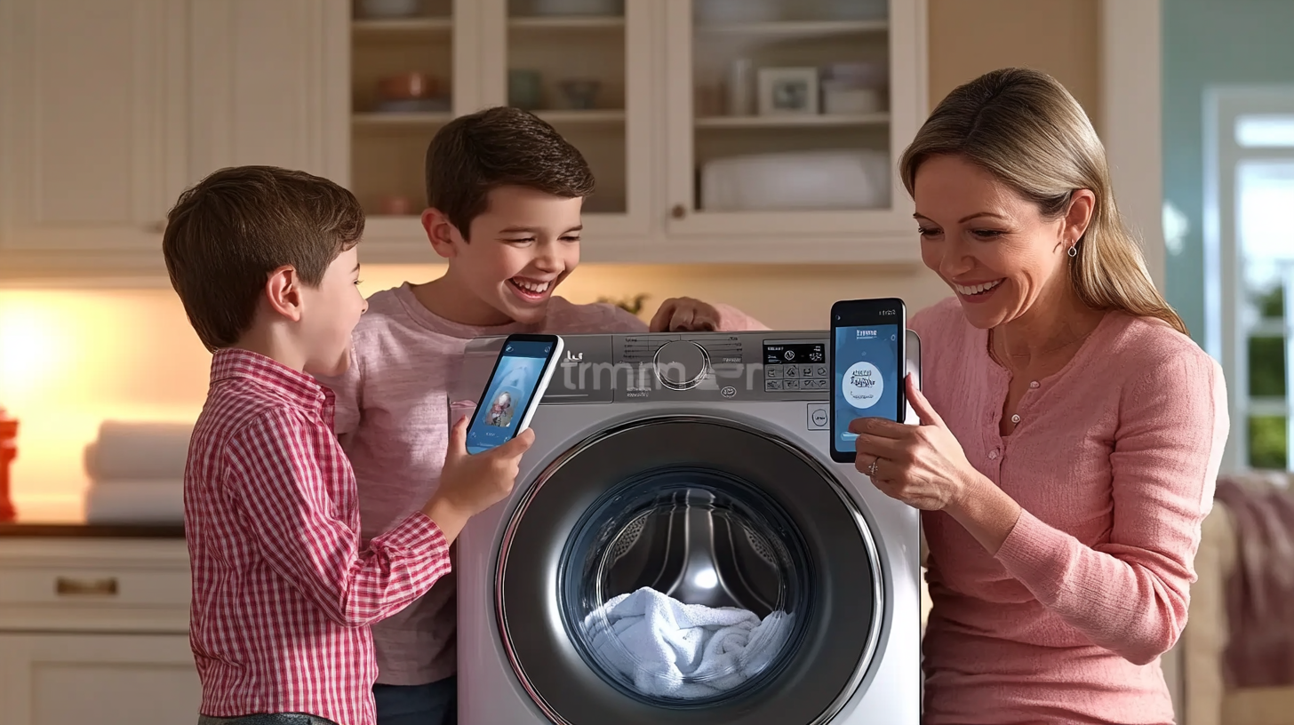 LG 트롬 앱을 스마트폰으로 사용하는 가족의 행복한 모습, 배경에 스마트 세탁기가 있는 따뜻하고 안락한 가정 환경입니다.