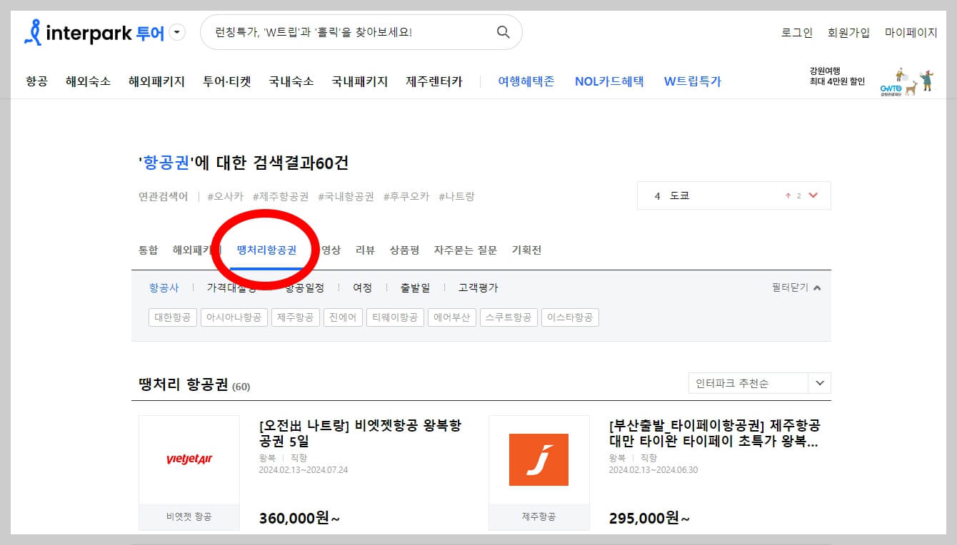 인터파크 땡처리 항공권