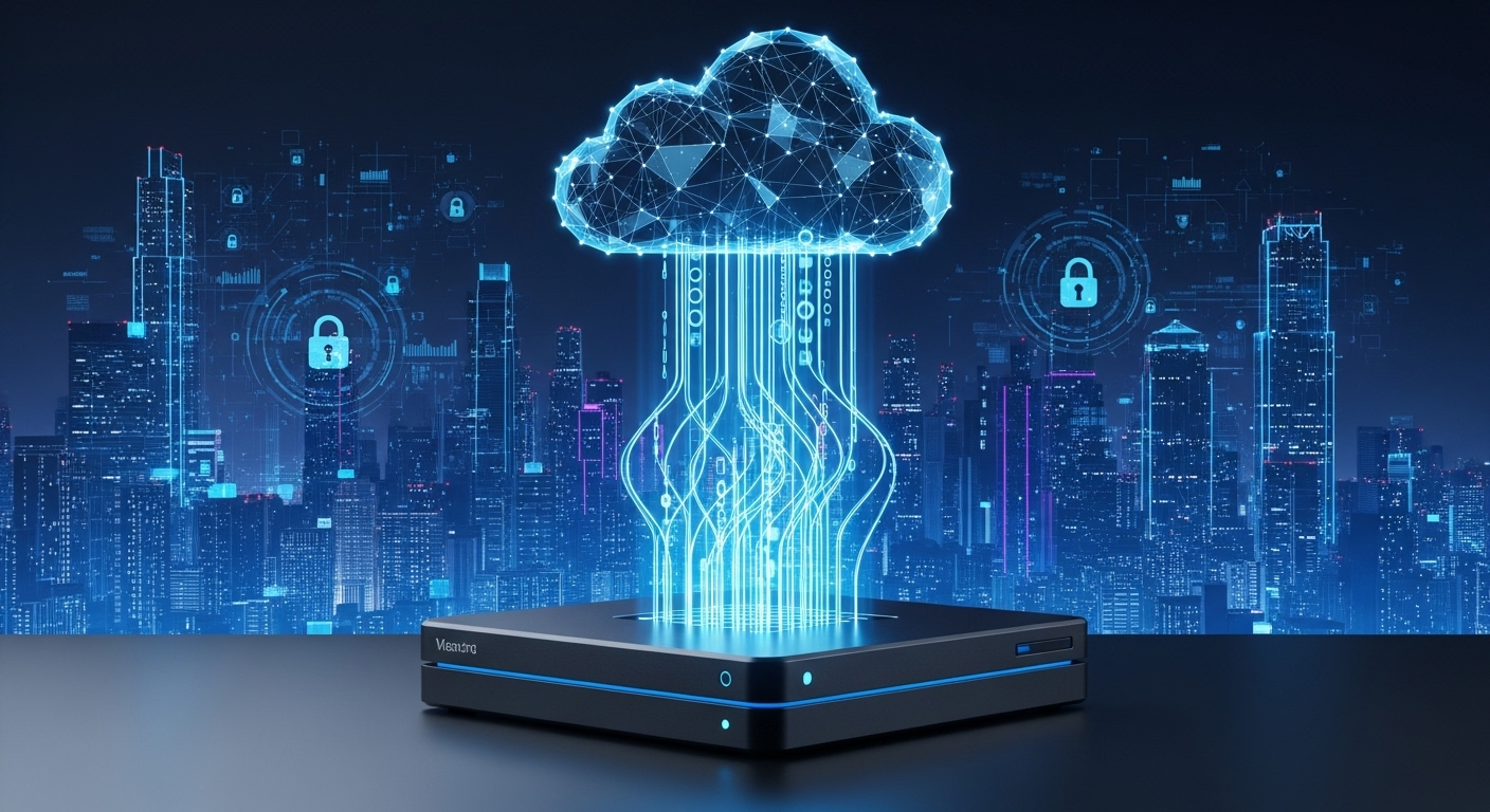 블랙박스에서 클라우드 스토리지로 영상 데이터가 무선으로 백업되는 추상적인 이미지.