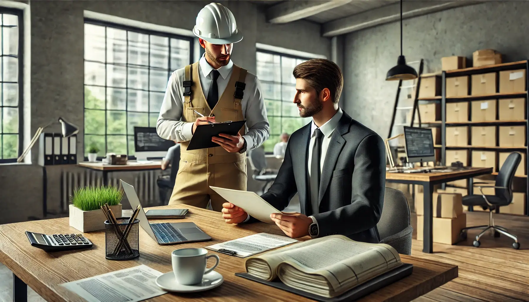 부동산 변호사와 전문 조사관이 사무실에서 함께 일하는 이미지