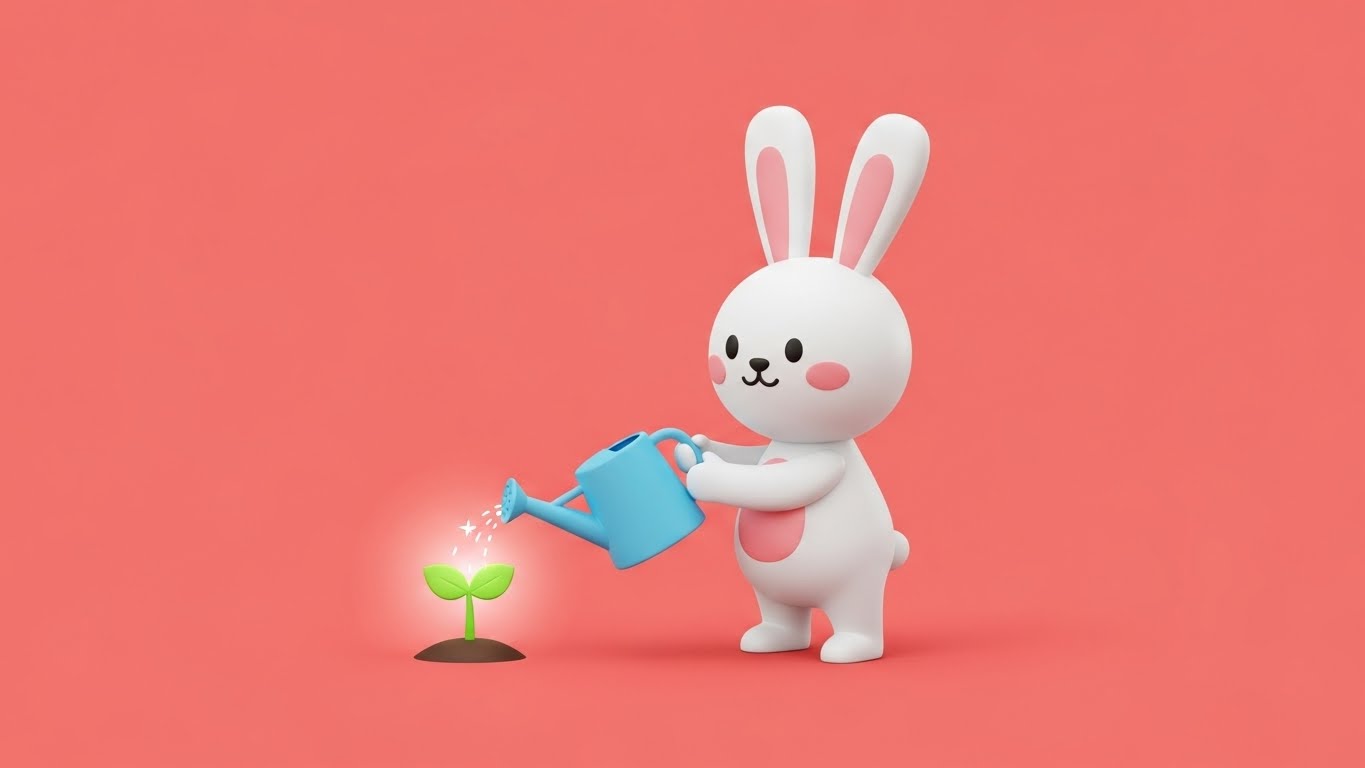 물뿌리개로 새싹을 정성스럽게 기르며 창의력을 발휘하는 토끼 캐릭터의 2D 플랫 벡터 일러스트