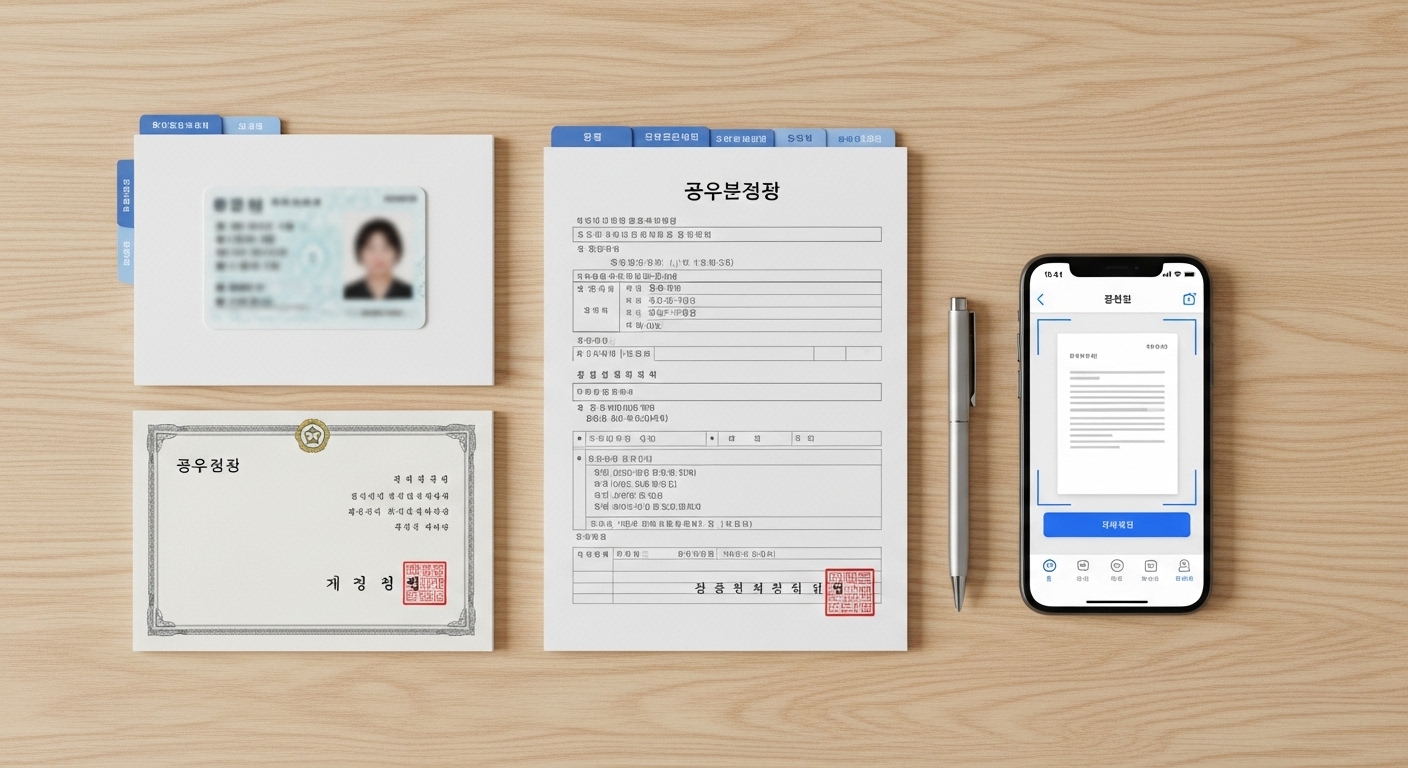 난방비지원금 온라인 신청을 위해 책상에 정렬된 서류와 스마트폰