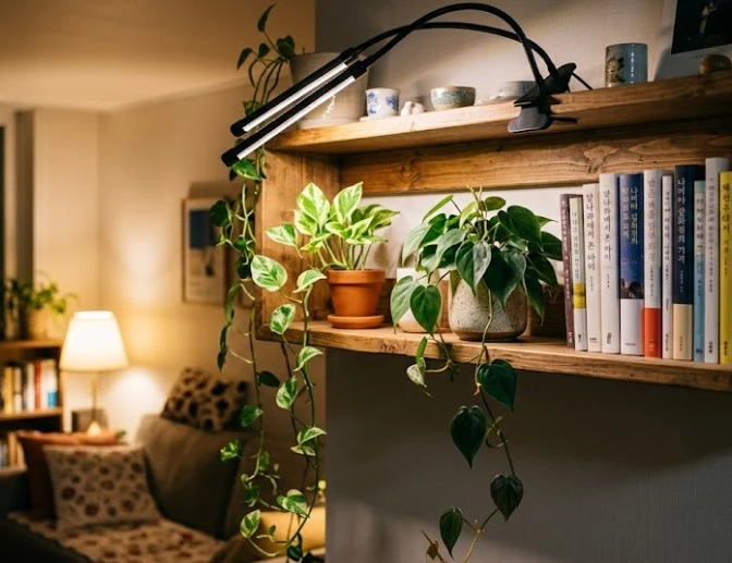 거실 안쪽 어두운 원목 선반에 설치된 2구 클립형 LED 식물등 아래에서 스킨답서스와 필로덴드론이 풍성하게 자라고 있는 모습