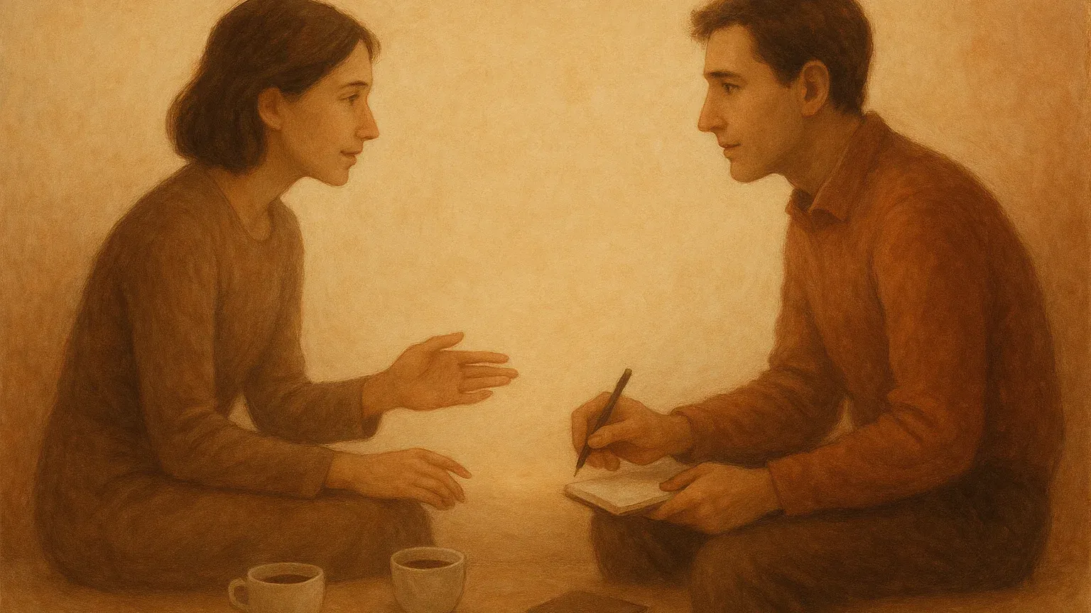 두 사람이 진심으로 대화하며 신뢰를 쌓아가는 따뜻한 분위기의 이미지