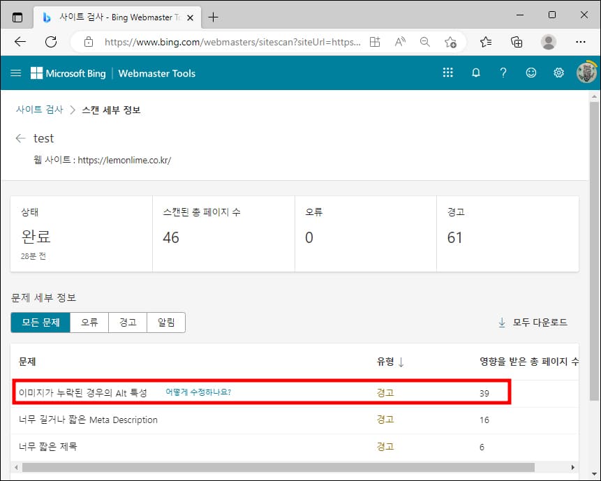 빙 웹 마스터 도구 사이트 검사 결과