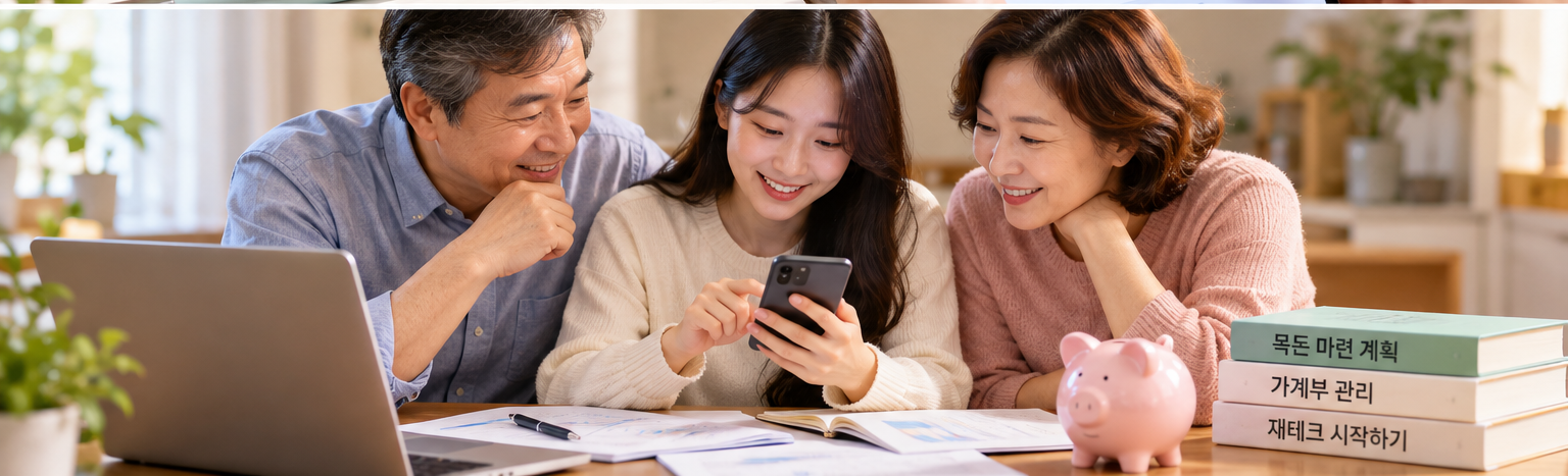 부모와 성인 자녀가 함께 스마트폰과 가계부를 보며 목돈 마련 계획을 세우는 모습