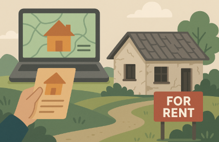 "농촌 빈집 단기 임대를 표현한 일러스트, 낡은 시골집 앞에 'FOR RENT' 표지판이 서 있고 옆에는 온라인으로 빈집을 검색하는 화면이 보이는 모습"