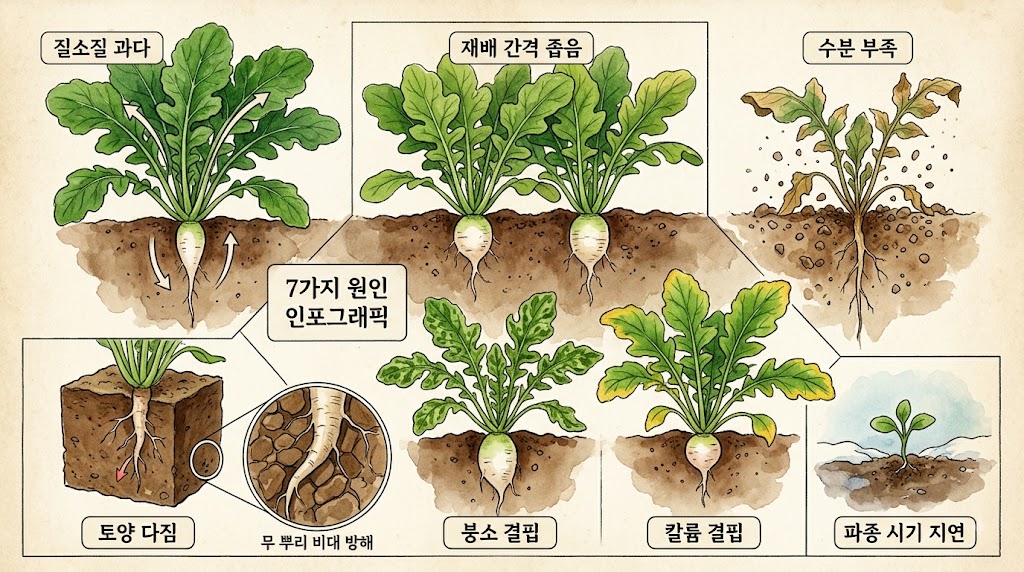 질소 과다, 수분 부족, 토양 다짐 등 무 뿌리가 안 굵어지는 7가지 핵심 원인을 나타낸 인포그래픽