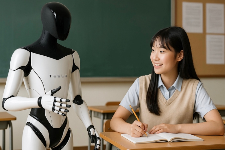 테슬라 옵티머스와 수입 중인 여중생의 모습