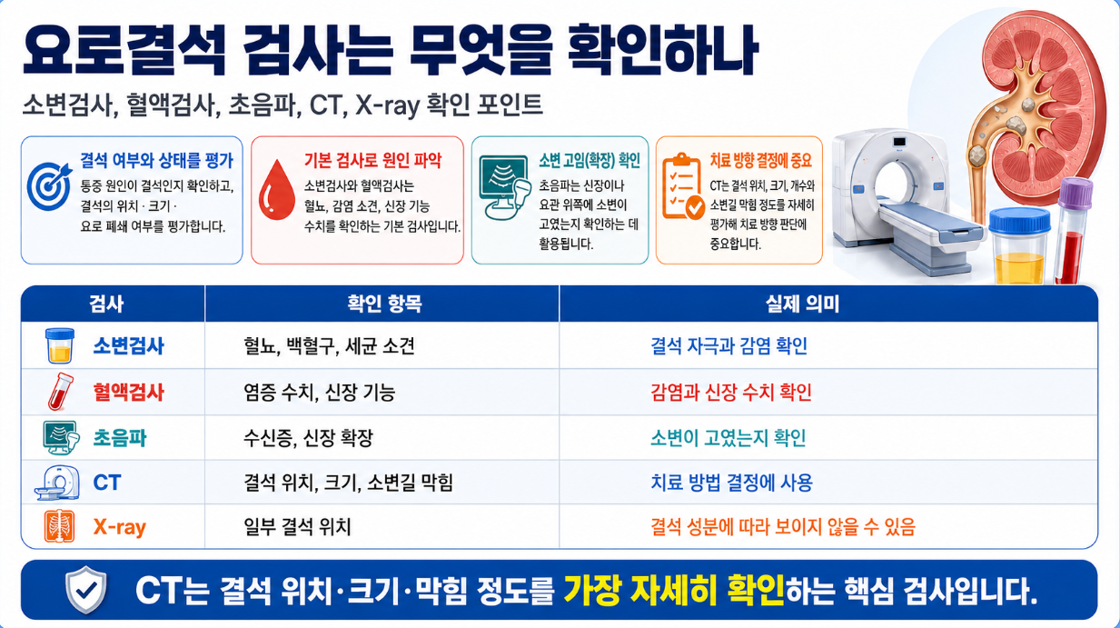 요로결석 검사에서 소변검사, 혈액검사, 초음파, CT, X-ray가 확인하는 항목과 실제 의미를 정리한 의학 인포그래픽