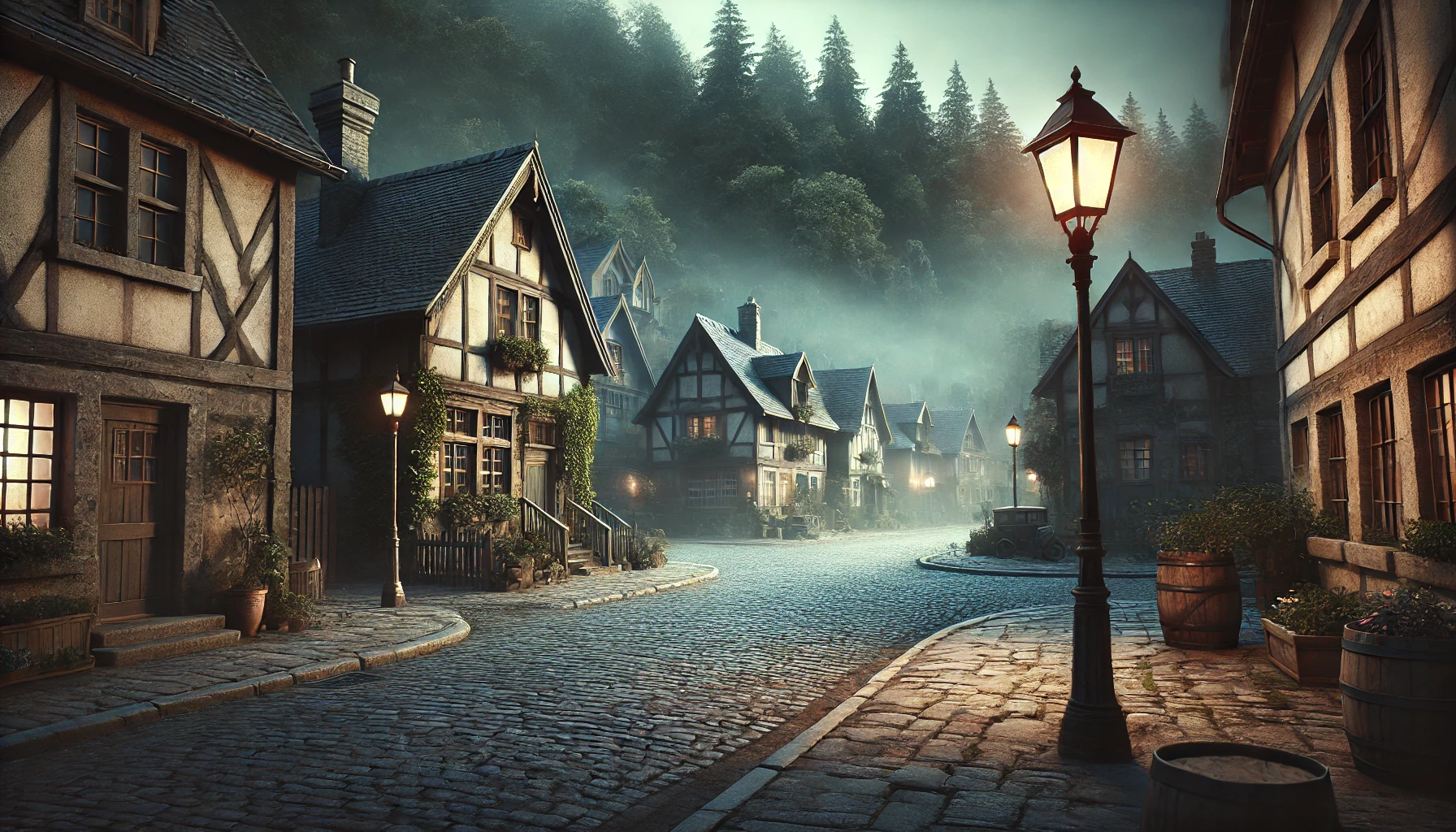 신비로운 분위기가 물씬 풍기는 고풍스러운 마을의 초현실적인 이미지를 만나보세요. 오래된 조약돌 거리, 유서 깊은 주택, 안개 낀 숲을 배경으로 고요하면서도 신비로운 분위기를 완벽하게 포착합니다.