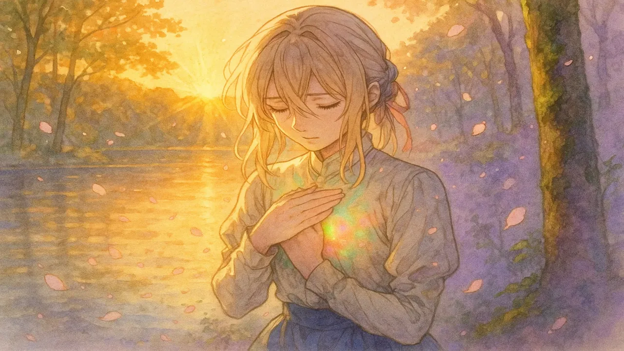 자기 용서를 상징하는 따뜻한 햇살이 마음을 비추는 이미지