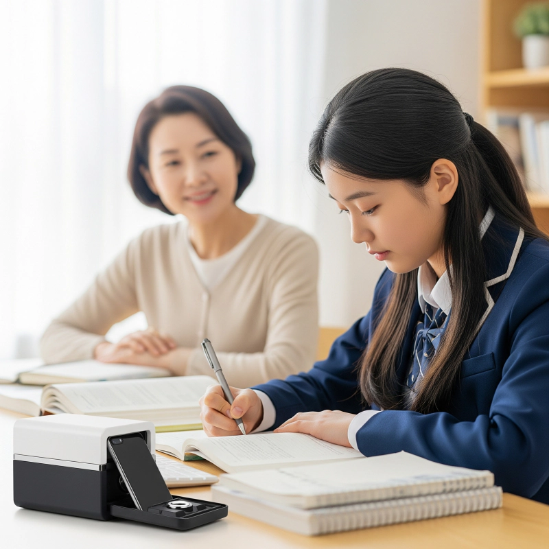 스마트폰을 금욕상자(핸드폰 잠금상자)에 넣고 집중해서 공부하는 여자 고등학생을 바라보고 있는 어머니