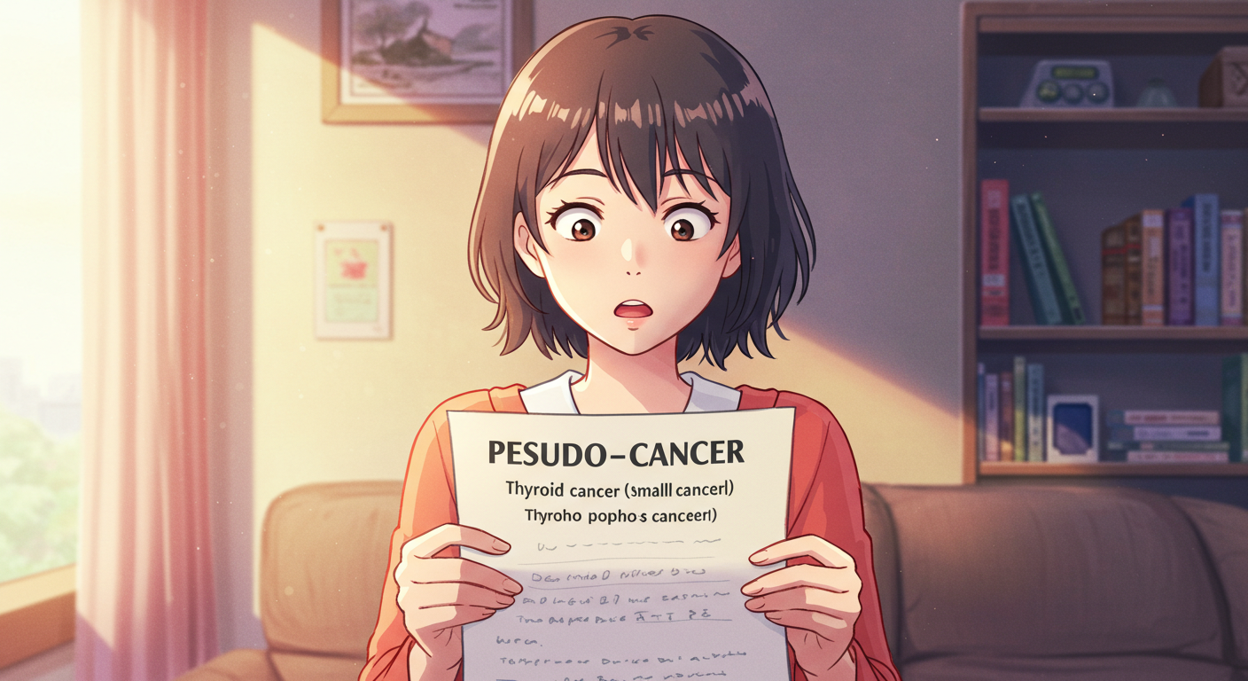 갑상선암이 유사암으로 분류되는 사실을 보고 놀라는 여성
