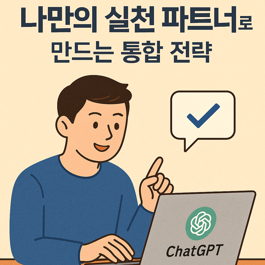 ChatGPT를 실천 파트너로 활용하며 루틴을 실행하는 동아시아 남성의 2D 일러스트 – 행동력 강화와 실행 루틴 통합을 상징