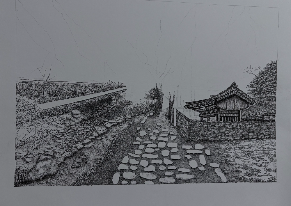 돌담과 바닥 질감의 밀도 조절