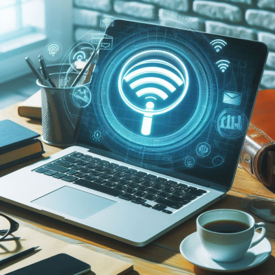 카페 분위기의 책상에서 노트북에 Wi-Fi 아이콘이 표시된 모습