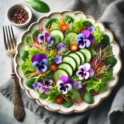 비올라 꽃잎으로 장식한 샐러드