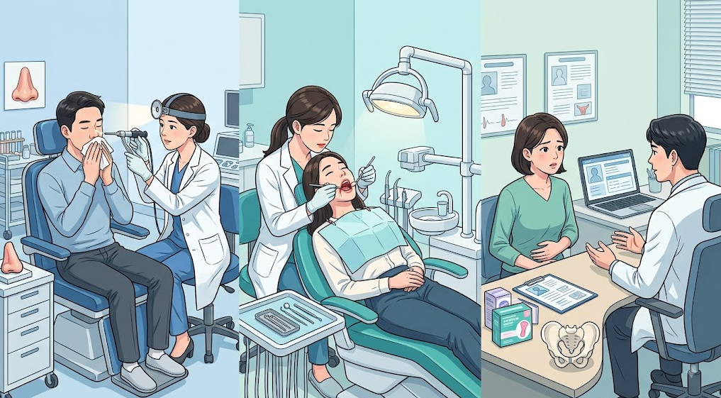 코피 증상의 이비인후과 진찰, 잇몸출혈의 치과 진찰, 월경량 증가의 산부인과 상담 과정을 3개 패널로 보여주는 메디컬 인포그래픽