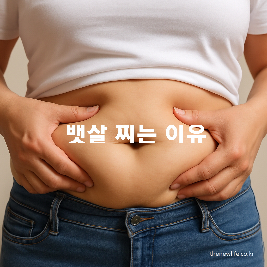 뱃살을 잡고 있는 모습, 뱃살 찌는 이유를 설명하는 블로그 썸네일 이미지