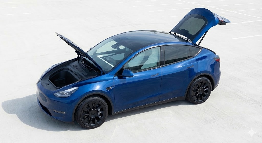 프론트 트렁크(프렁크)와 리어 트렁크를 모두 열어 모델 Y의 뛰어난 실용성을 보여줍니다.