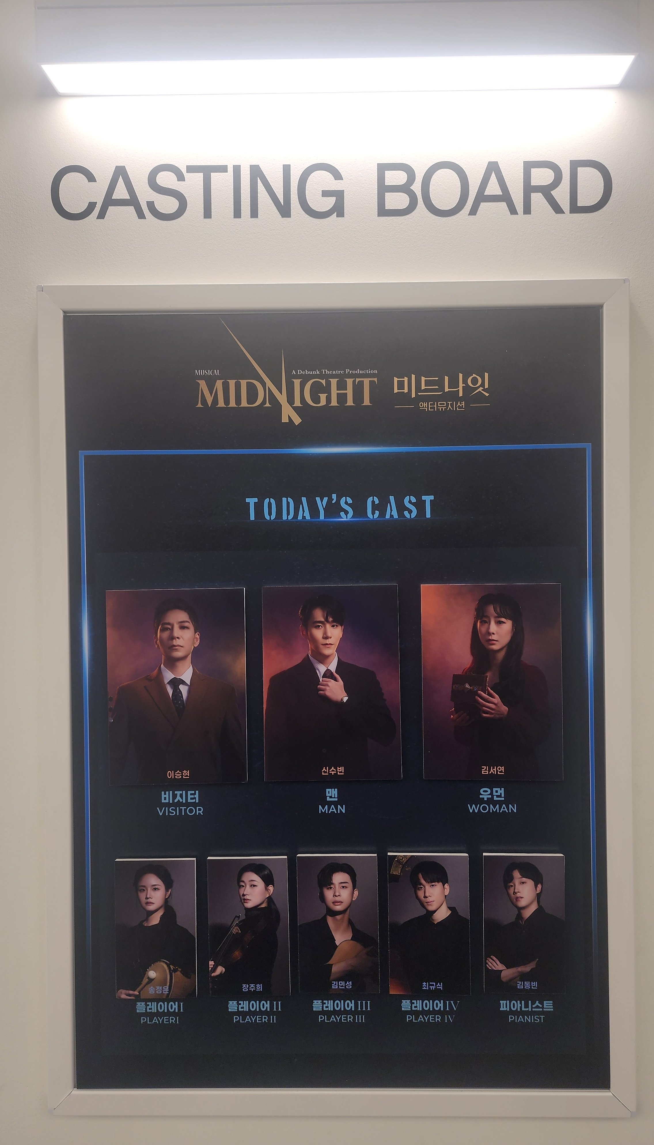 2025년 12월 25일 2025 뮤지컬 미드나잇 : 액터 뮤지션 낮공 캐스팅 보드
비지터 역 - 이승현
맨 역 - 신수빈
우먼 역 - 김서연
플레이어1 - 송정은
플레이어2 - 장주희
플레이어3 - 김민석
플레이어4 - 최규식
피아니스트 - 김동빈