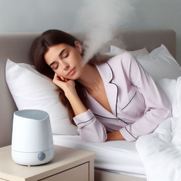 젊은 여성이가습기를 켜고 깨끗이 정돈된 침대에 누워 잠을 청하고 있다.