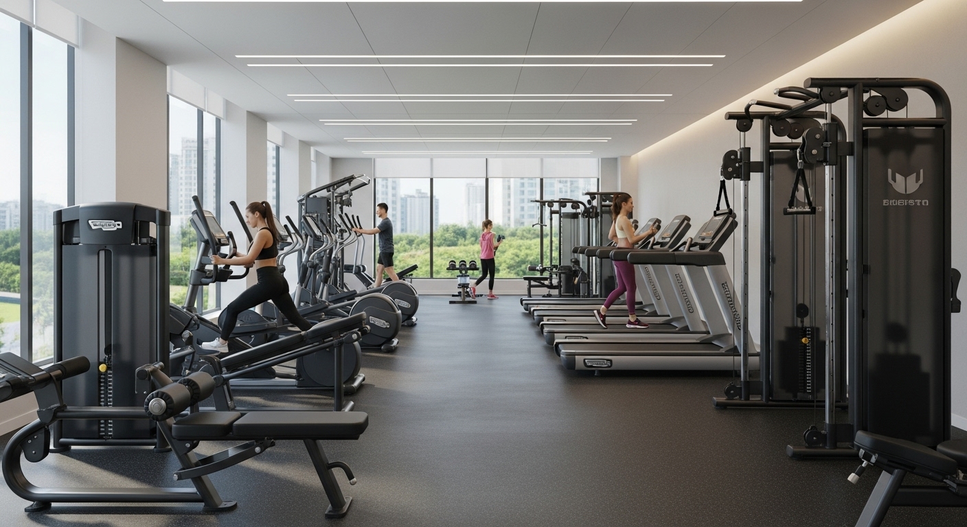 최신 운동 기구가 갖춰진 밝고 쾌적한 아파트 피트니스 센터에서 운동하고 있는 입주민들의 모습.