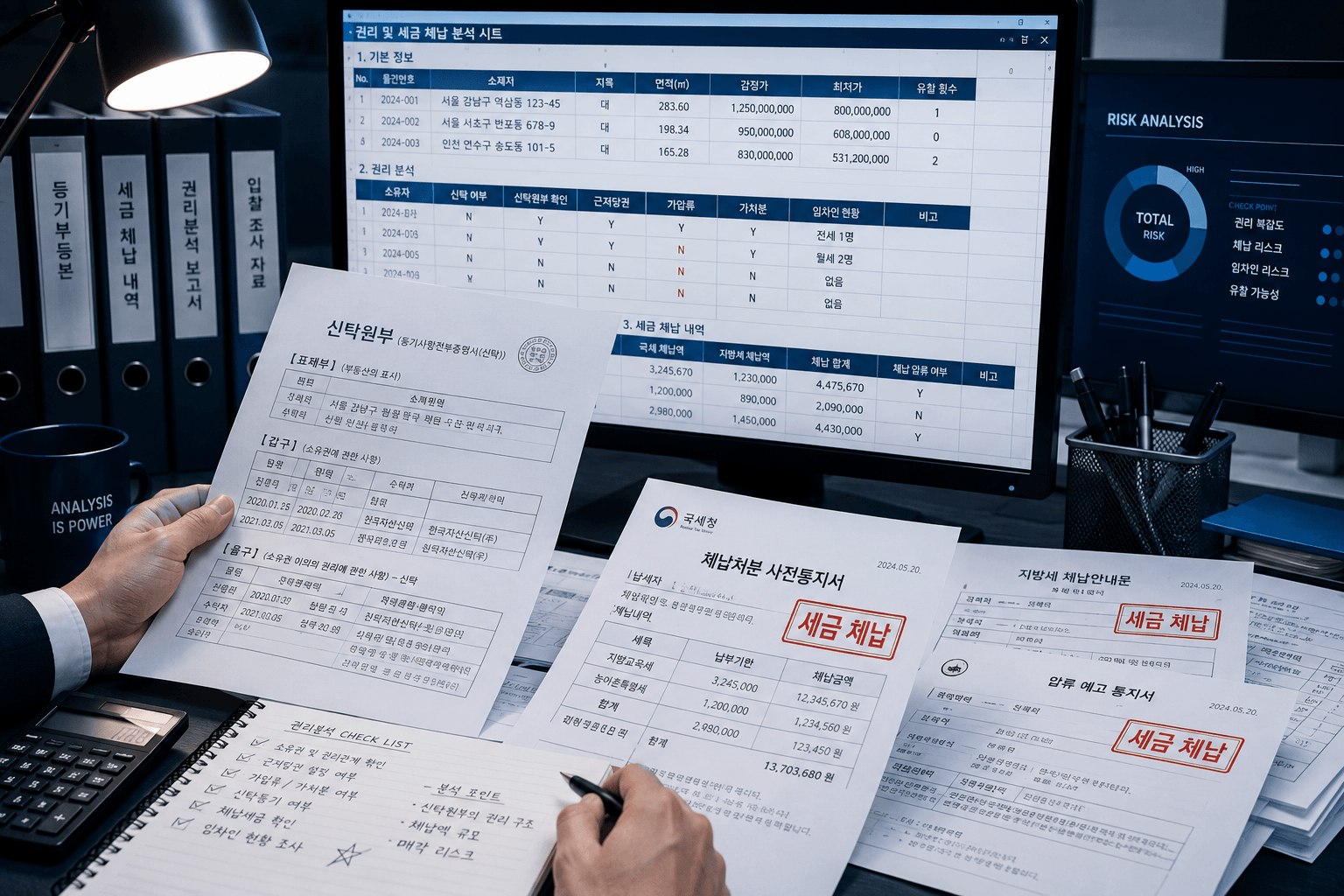 신탁원부와 세금 체납 마크가 찍힌 공문서들을 컴퓨터 모니터의 엑셀 데이터 시트와 대조하며 분석하는 고도의 프로페셔널한 데스크 환경 이미지